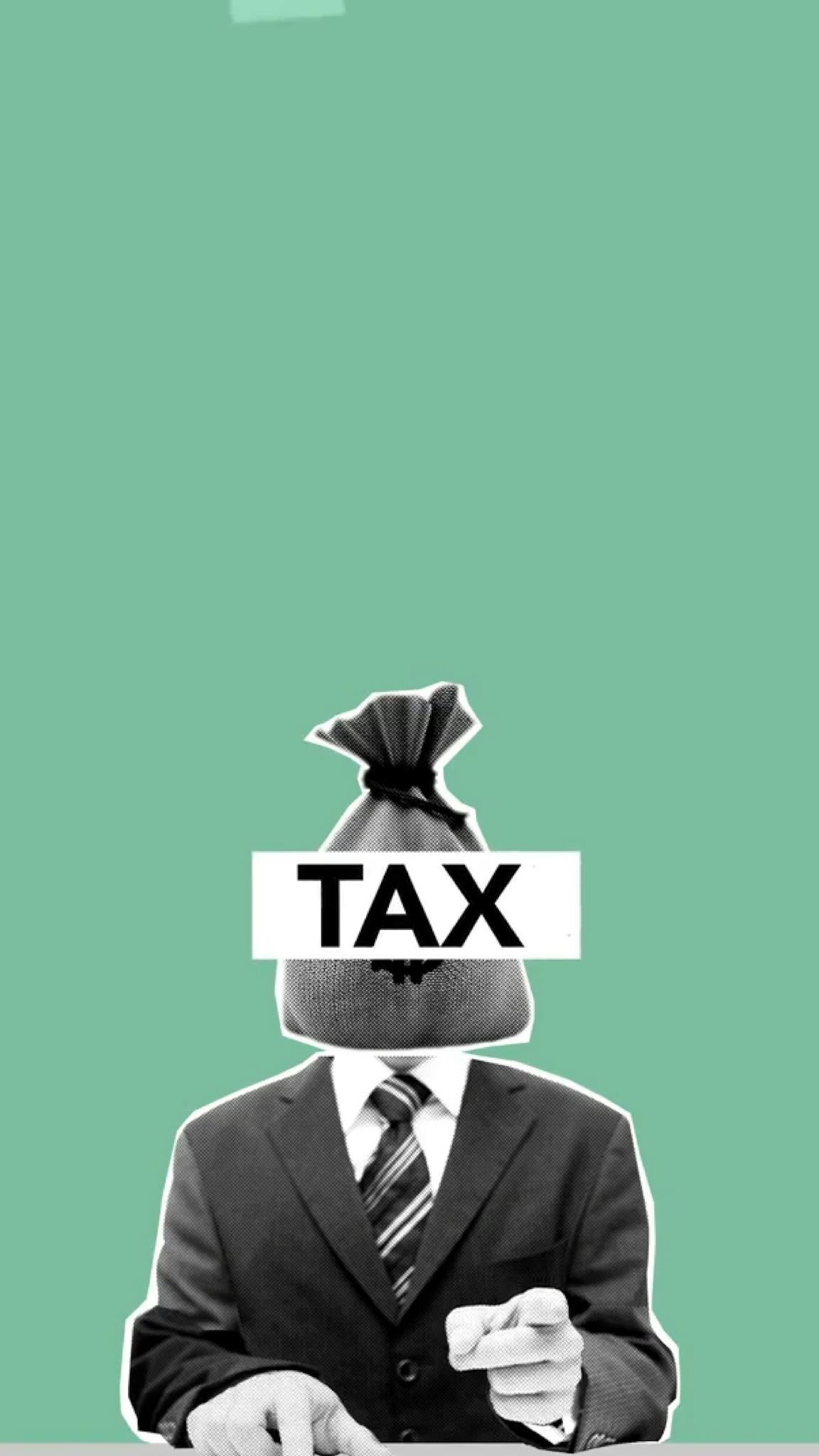 Conceptual image of a businessman with a tax bag head on a green background.